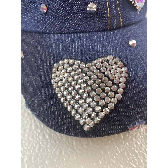 Woman Denim Sparkle Hat Rhinestone Heart Bling Embellished Adjustable Frayed Cap - Picture 6 of 13